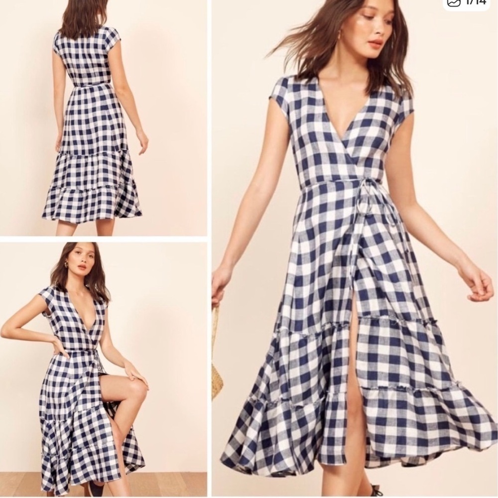 Reformation Calista Blue White Gingham Plaid Tiered Wrap Midi Linen Dress XS